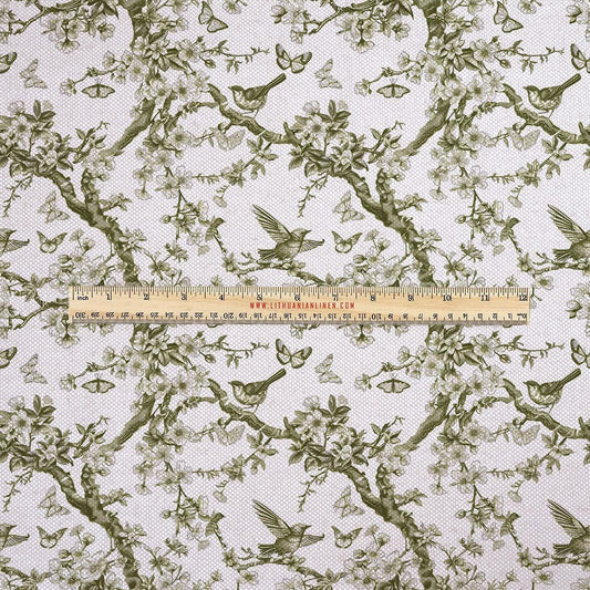 100% LINEN Fabric UPHOLSTERY 12oz - green toile de jouy print on oatmeal linen - Modern vintage Victorian tree with birds upholstery 347