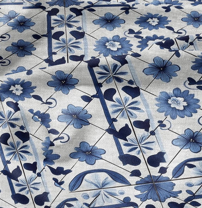 100% LINEN Fabric block print indigo blue white Portugal tile - mediterranean fabric floral print - linen fabric upholstery dress making