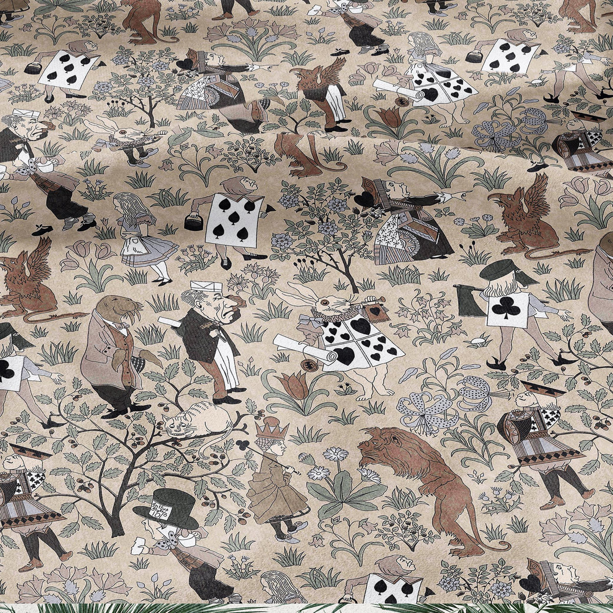 100% linen fabric - Alice in Wonderland beige by Voysey - Victorian Art crafts - Historical pattern for upholstery dress making 3613