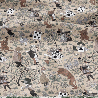 100% linen fabric - Alice in Wonderland beige by Voysey - Victorian Art crafts - Historical pattern for upholstery dress making 3613
