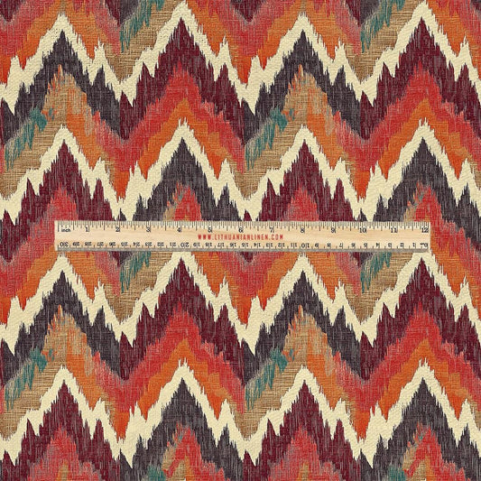 100% LINEN Fabric UPHOLSTERY 12oz - Red Zigzag ikat print on linen 2080