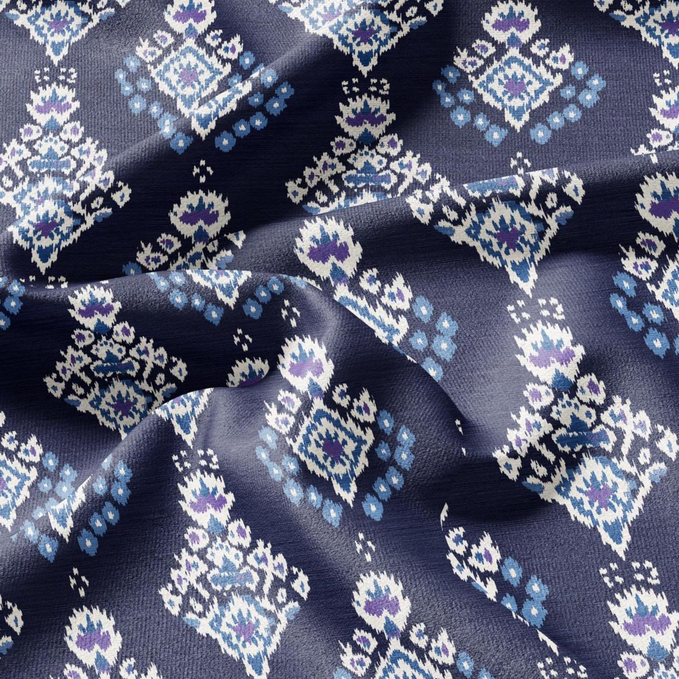 100% LINEN Fabric Ikat navy blue print - Modern vintage floral for upholstery dressmaking curtains home textile 2977
