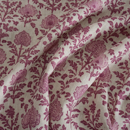 100% LINEN Fabric red Floral Block Print - Drapery Interior French Patterned Fabric for Curtain Pillow Accent Home Decor Living Room Bedroom
