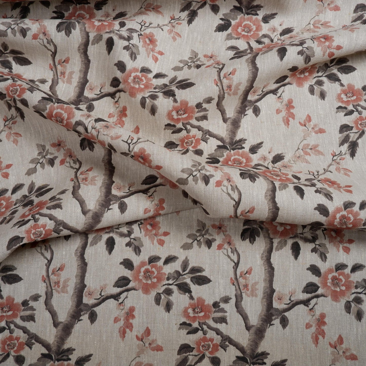 100% LINEN Fabric block print - oatmeal linen fabric with pink brown floral print - fabric for upholstery home decor or dressmaking 2039