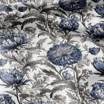 100% LINEN Fabric blue flower print on white linen - Floral print flax fabric for uphlstery heavy / medium for clothing 2575