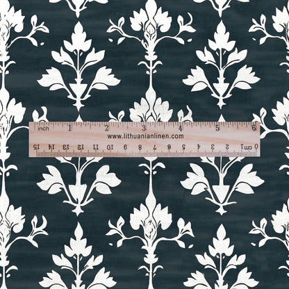 100% LINEN Fabric block print in dark blue - linen fabric with block floral print - linen fabric upholstery home decor dressmaking