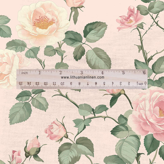 100% LINEN Fabric Floral ROSES print - Hand Drawn Floral PINK Flower Vintage linen fabric for upholstery home decor curtains pillowcases