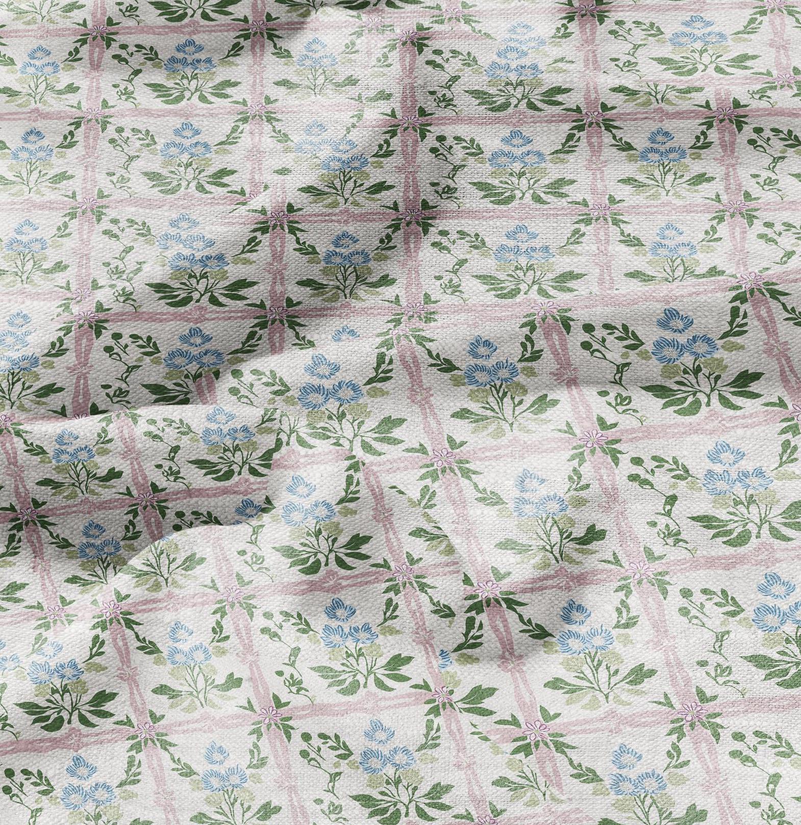 100% LINEN Fabric block green blue pink on white - linen fabric with botanical print - linen fabric for upholstery home decor dress making