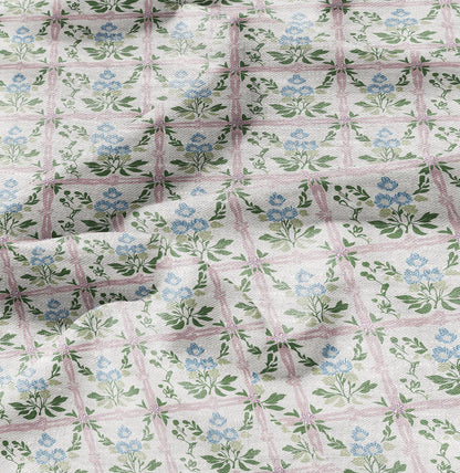 100% LINEN Fabric block green blue pink on white - linen fabric with botanical print - linen fabric for upholstery home decor dress making