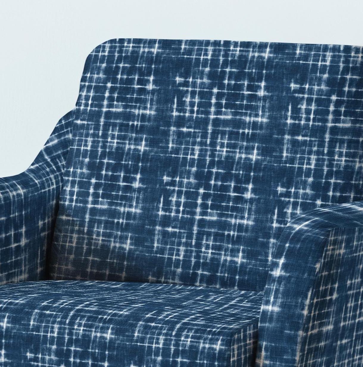 100% LINEN Fabric UPHOLSTERY 12oz - Indigo Shibori Checks - Modern Geometric Dark Blue Neutral Tiled Minimal upholstery 2970