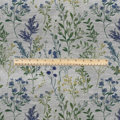 100% LINEN Fabric meadow flowers blue print - botanical floral on oatmeal linen - modern vintage 3038