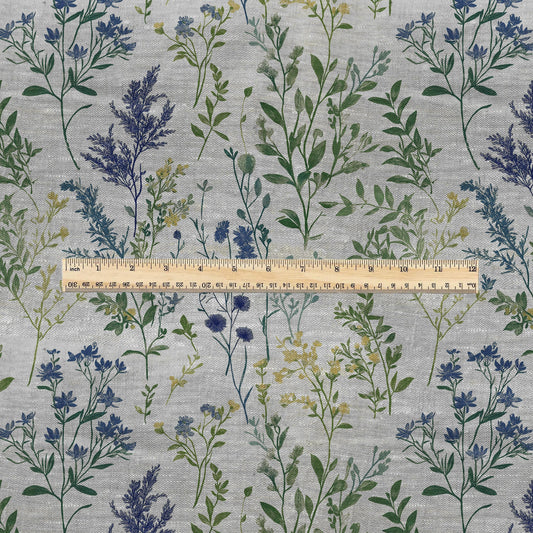 100% LINEN Fabric meadow flowers blue print - botanical floral on oatmeal linen - modern vintage 3038