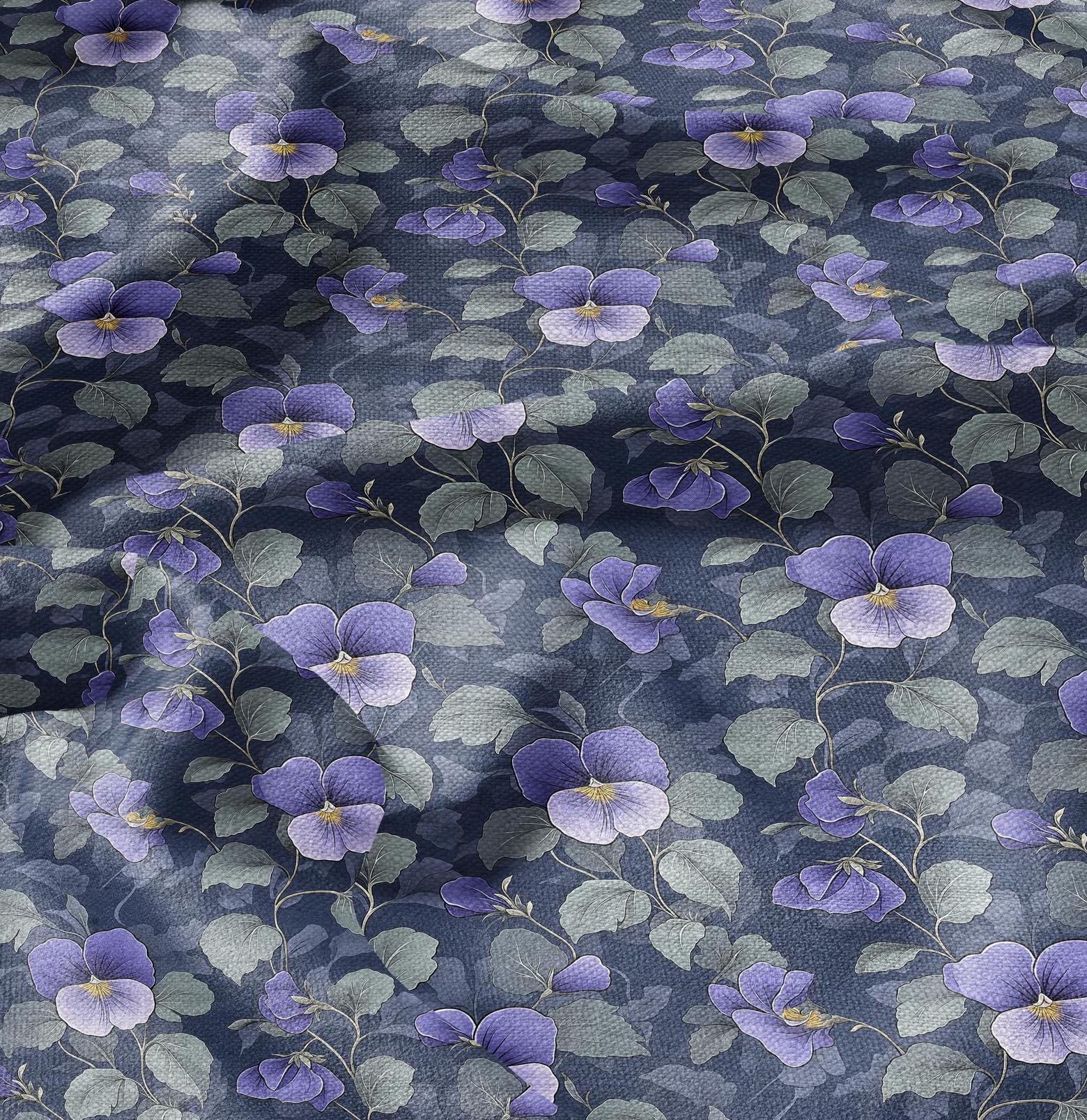 100% LINEN Fabric floral with Viola flower - heavy linen fabric with dark purple print for upholstery home decor curtains dress making