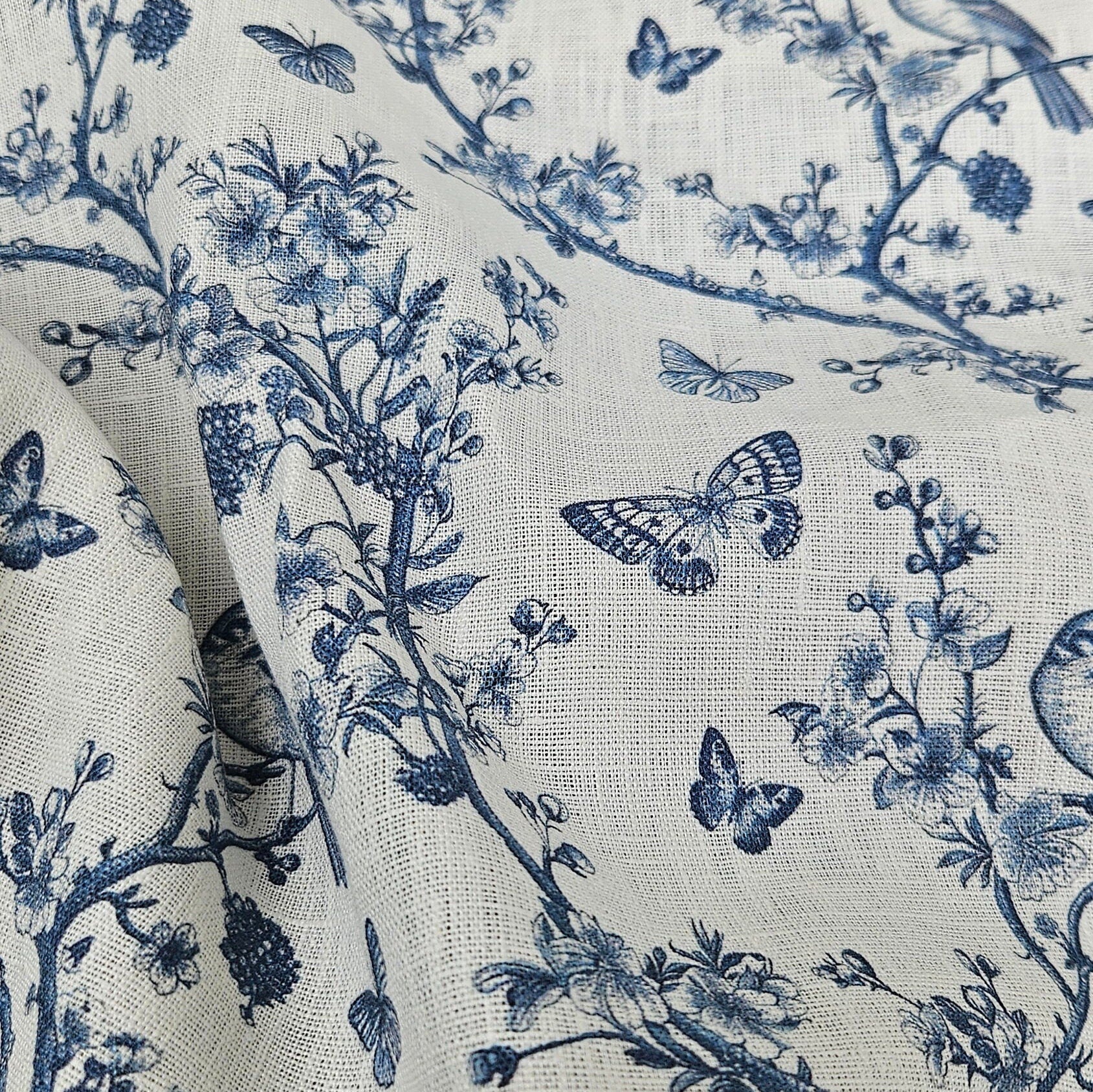 100% LINEN Fabric Toile de Jouy , white botanical fabric with blue indigo print, French linen floral Birds  and butterflies