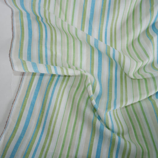 Premium Linen striped Fabric in blue green white | Medium weight multicolor stripes Valencia Stripe for clothing home textile