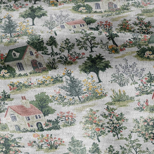 100% Linen Fabric Houses Print - Cottage Village - Architectural House Pattern - Upholstery Curtain Cushion Fabric - Home Decor Linen 2369