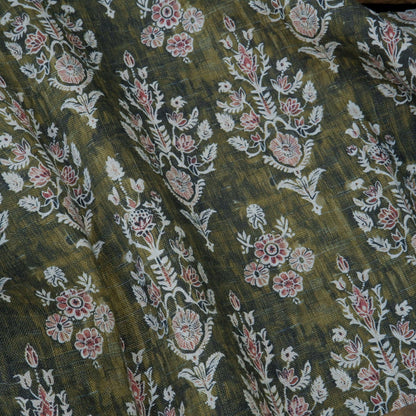 100% LINEN Fabric block print indian khaki green 3659 -  oatmeal linen fabric with green floral print decor