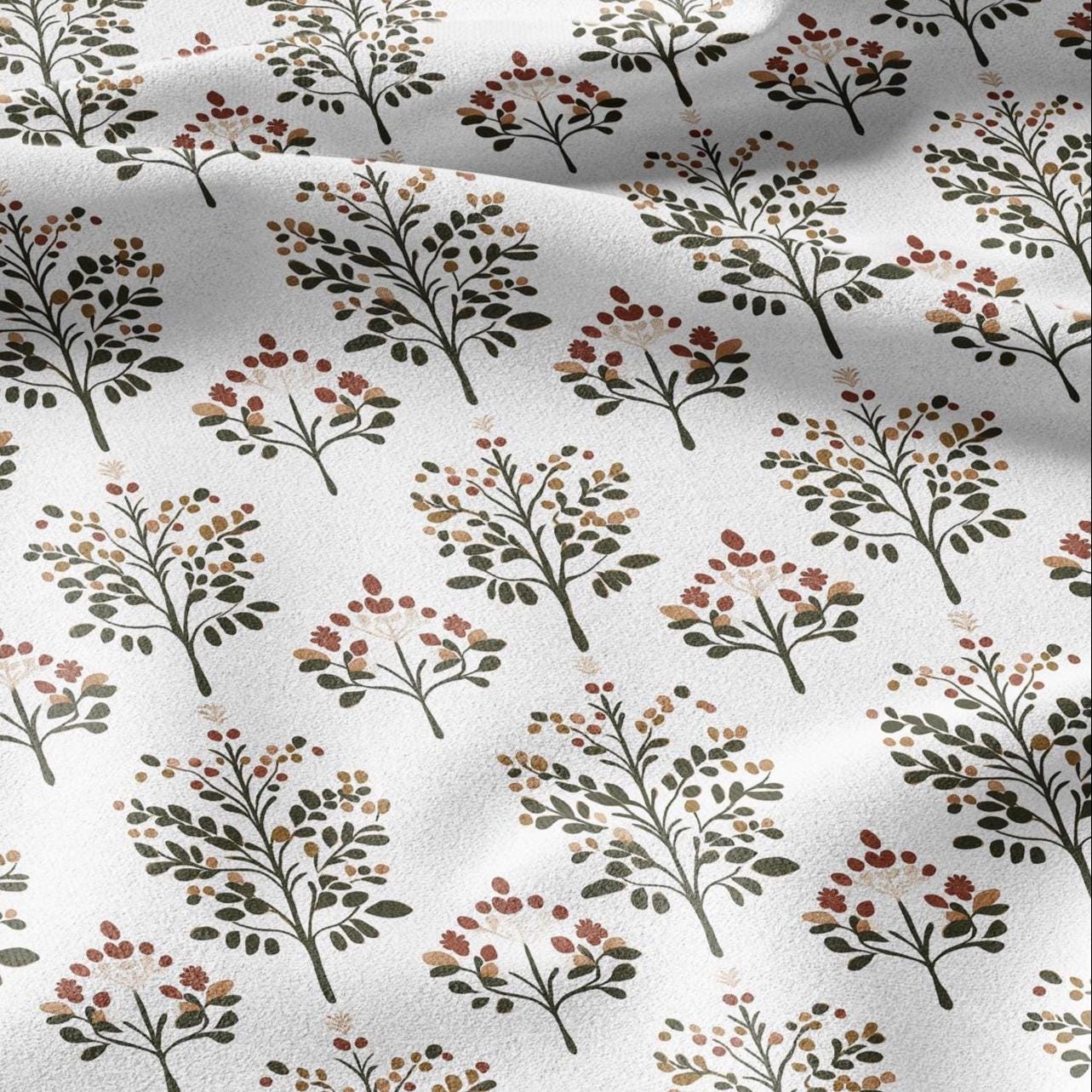 100% LINEN Fabric Block print Lotus blosoom - modern vintage botanical flower upholstery home textile artisan green yellow  white 2142