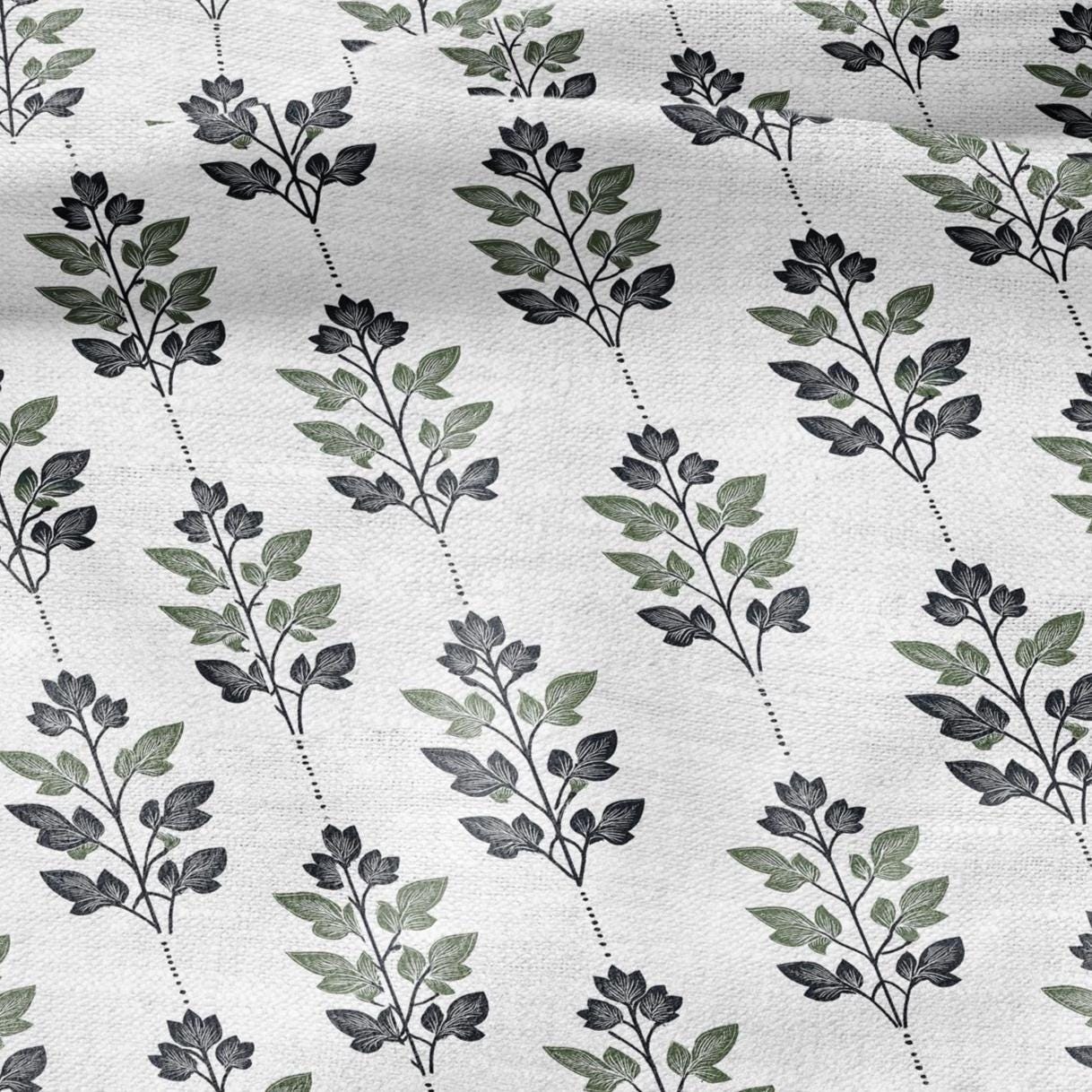 100% LINEN Fabric Leaves stripe print - Mid-century modern botanical stripe upholstery home textile artisan green white 2743