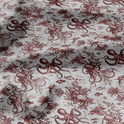 100% LINEN Fabric toile de jouy OCTOPUS Nautical print - red on oatmeal linen - coastal print for upholstery home decor clothing 306S