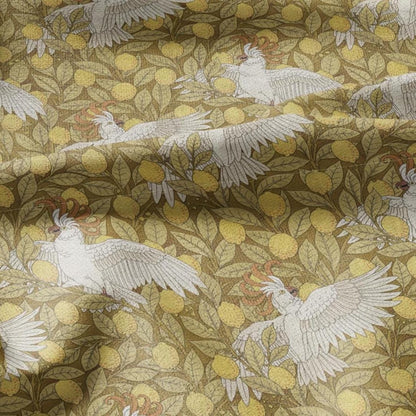 100% linen Vintage Cockatoos fabric for Curtain Upholstery Cushion - yellow white print fabric for dress making sewing