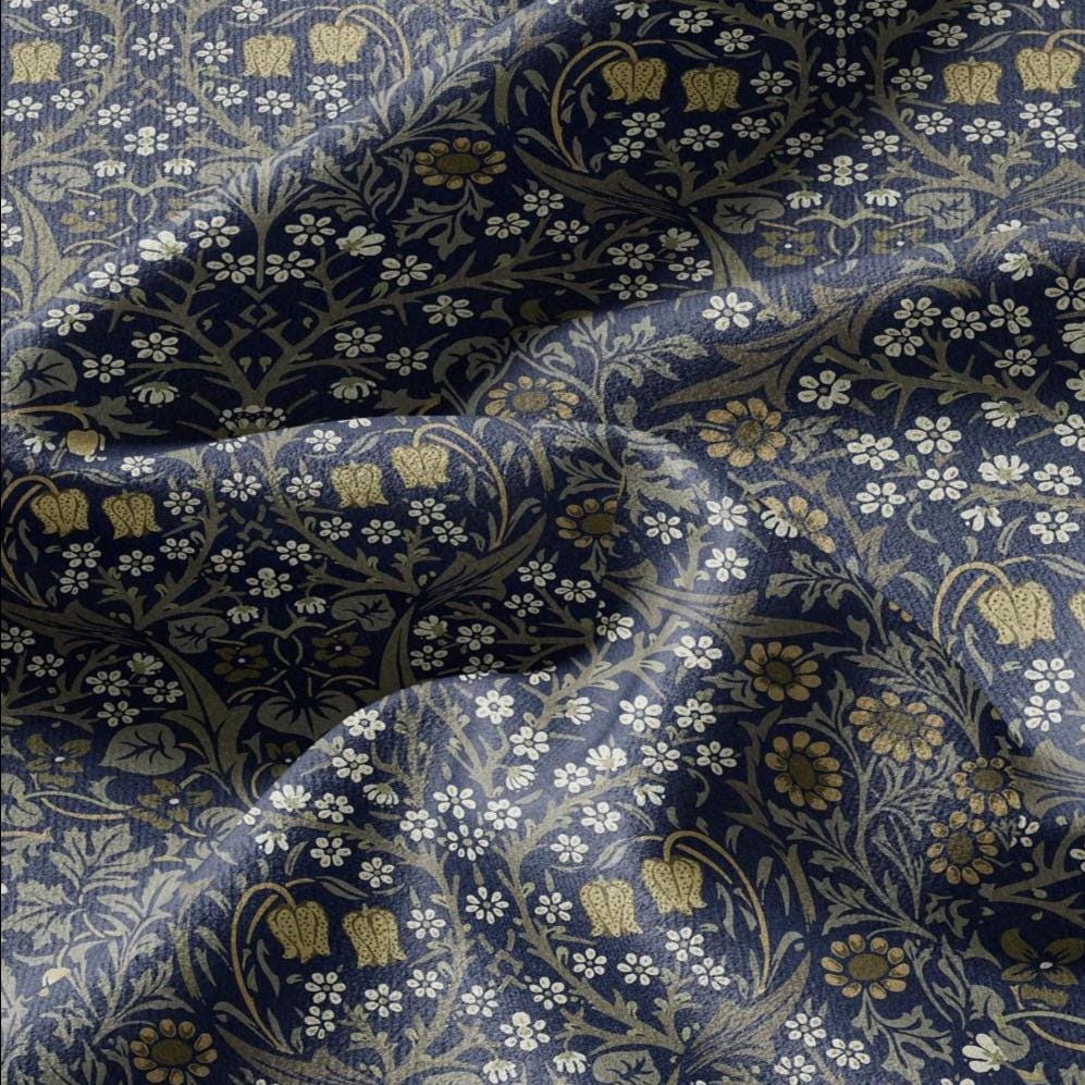 William Morris Blackthorn 100% LINEN Fabric - British linen floral upholstery home textile Victorian fabrics navy blue 3168