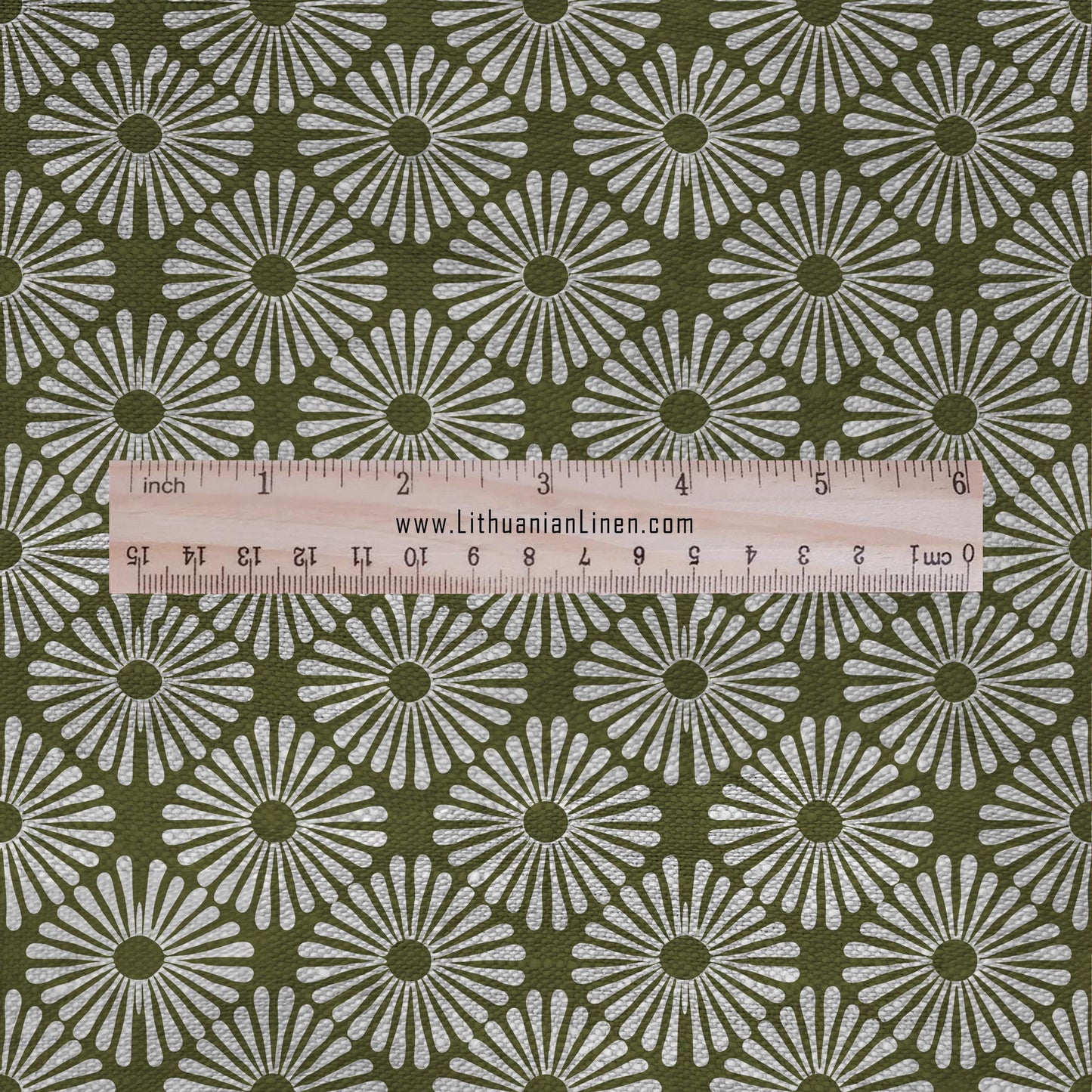 100% LINEN Fabric Japanese green Daisy print - Japandi linen print upholstery curtains dress making 2647
