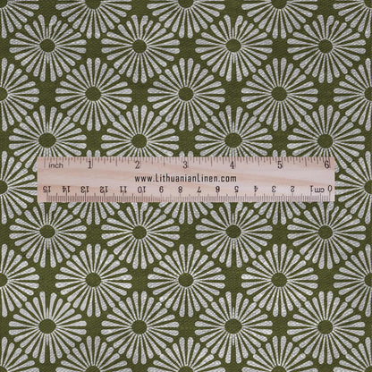 100% LINEN Fabric Japanese green Daisy print - Japandi linen print upholstery curtains dress making 2647