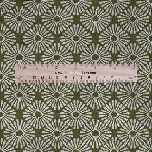 100% LINEN Fabric Japanese green Daisy print - Japandi linen print upholstery curtains dress making 2647