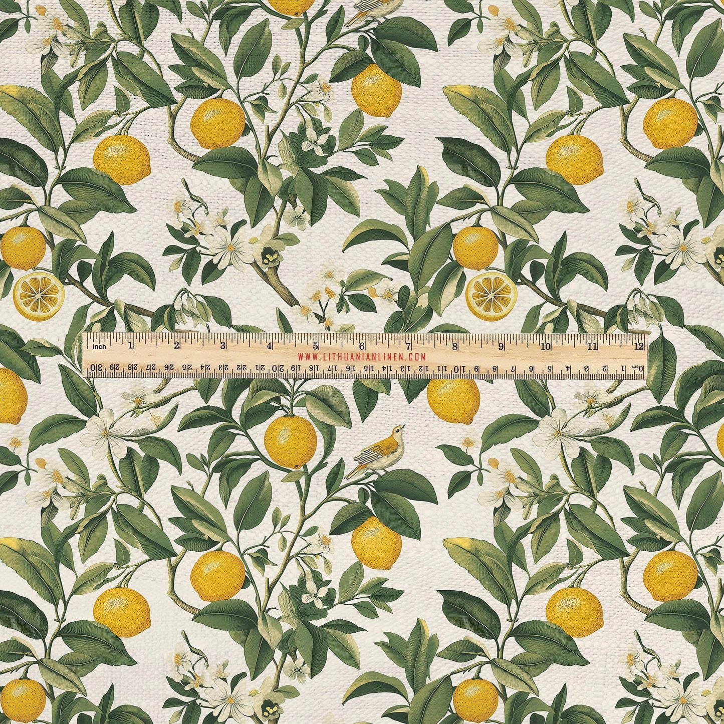 100% LINEN Fabric UPHOLSTERY 12oz - Italian lemon print on linen - Modern vintage floral green yellow pattern 2031