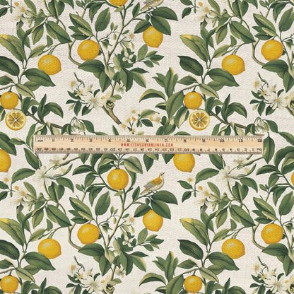 100% LINEN Fabric UPHOLSTERY 12oz - Italian lemon print on linen - Modern vintage floral green yellow pattern 2031
