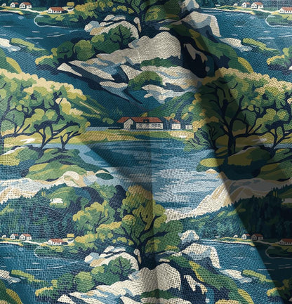 100% LINEN Fabric Swedish archipelago scenery, linen fabric with blue green print, heavy linen fabric for upholstery home decor tablecloth