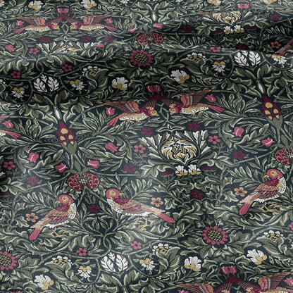 100% LINEN Fabric Modern abstract green Birds - William Morris Victorian Pattern - heavy linen fabric for upholstery home decor 3119