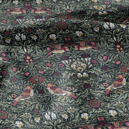 100% LINEN Fabric Modern abstract green Birds - William Morris Victorian Pattern - heavy linen fabric for upholstery home decor 3119
