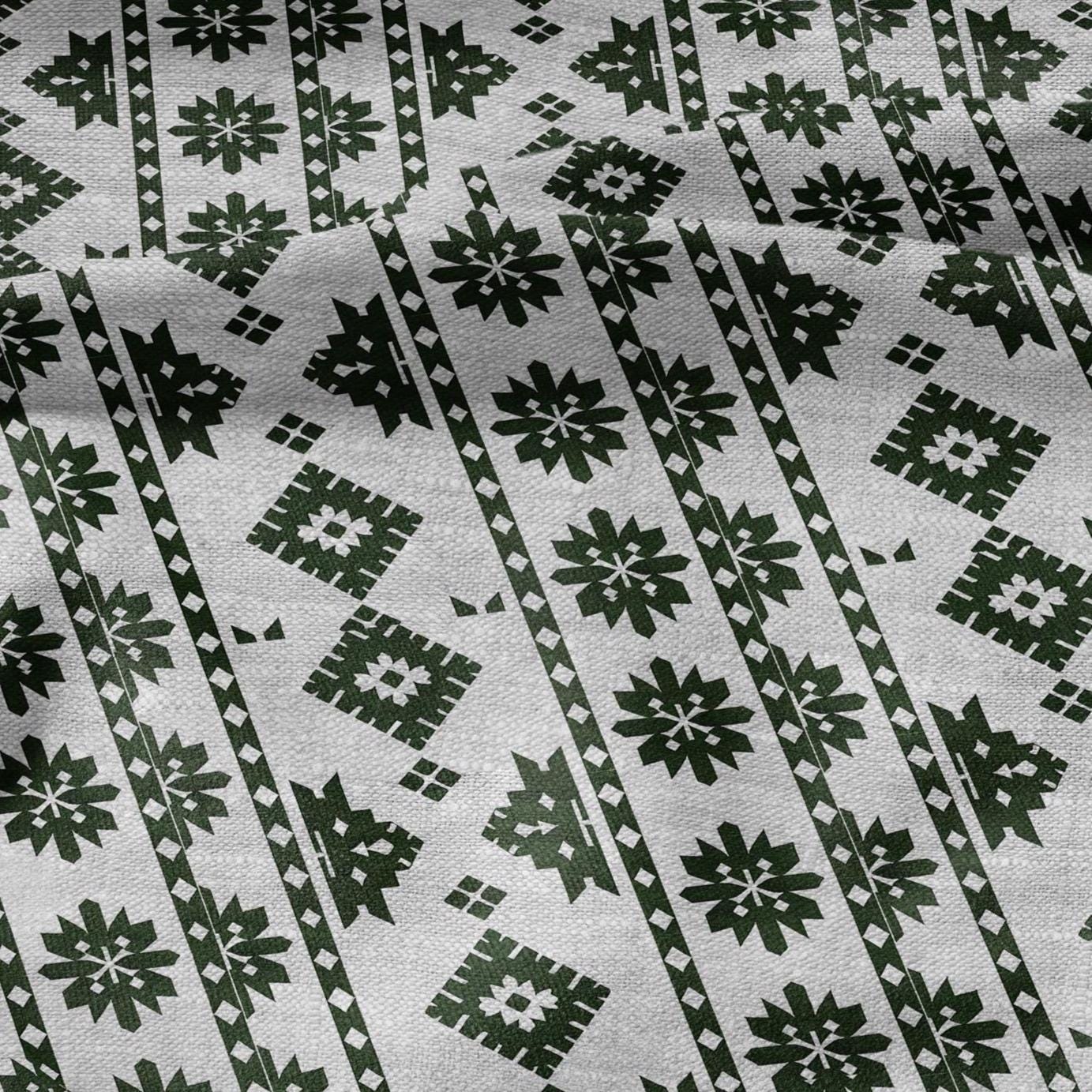 100% LINEN Fabric Ethno green stripes gray - geometric print on oatmeal linen for home decor sewign dress clothing 2822