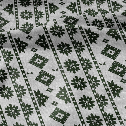 100% LINEN Fabric Ethno green stripes gray - geometric print on oatmeal linen for home decor sewign dress clothing 2822