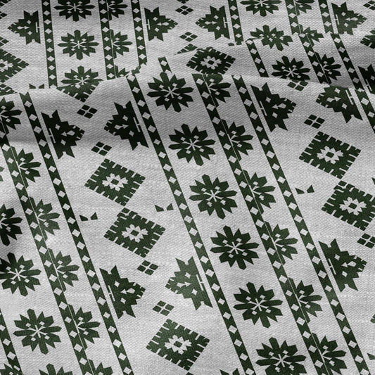 100% LINEN Fabric Ethno green stripes gray - geometric print on oatmeal linen for home decor sewign dress clothing 2822