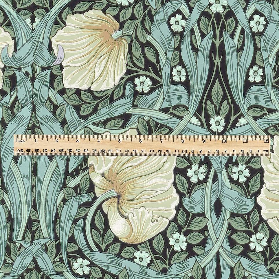 100% LINEN fabric - William Morris Pimpernel aqua green - British Victorian Art Craft flax - sewing upholstery home decor or clothing 3824