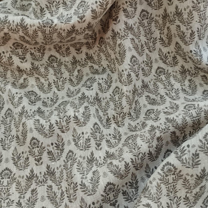 100% LINEN Fabric block print grey on linen, Heavy oatmeal linen fabric with grey print for upholstery home decor curtains 368N
