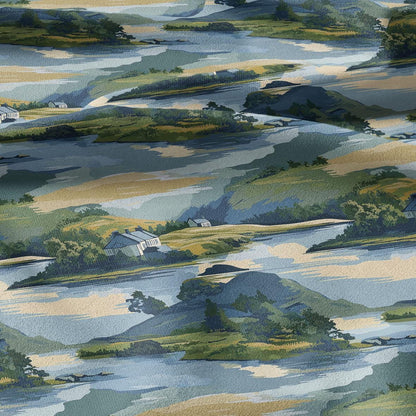 100% LINEN Fabric Countryside scenery -landscape linen fabric with green print - heavy linen fabric for upholstery home decor 2907