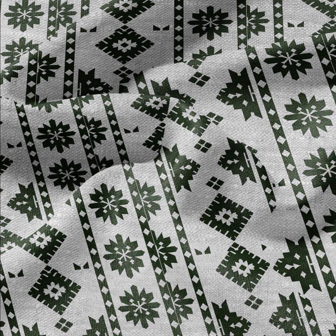 100% LINEN Fabric Ethno green stripes gray - geometric print on oatmeal linen for home decor sewign dress clothing 2822