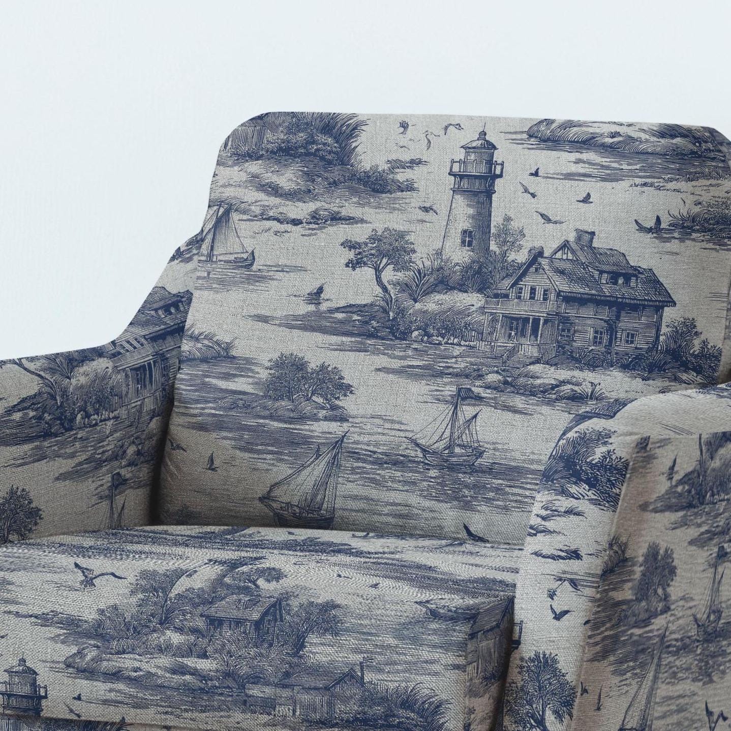 100% LINEN Fabric UPHOLSTERY 12oz - toile de jouy print Coastal - Lighthouse country side oatmeal - Modern Vintage upholstery 2787