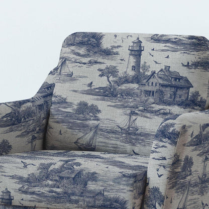 100% LINEN Fabric UPHOLSTERY 12oz - toile de jouy print Coastal - Lighthouse country side oatmeal - Modern Vintage upholstery 2787