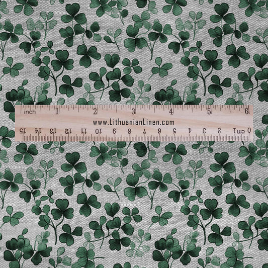100% LINEN Fabric block print Clover leaves green on grey - oatmeal linen fabric with botanical print for upholstery home decor 3027