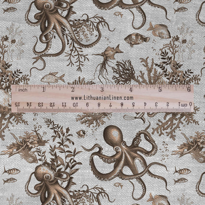 100% LINEN Fabric toile de jouy OCTOPUS Nautical print - sepia on oatmeal linen -  coastal print for upholstery home decor clothing 306S