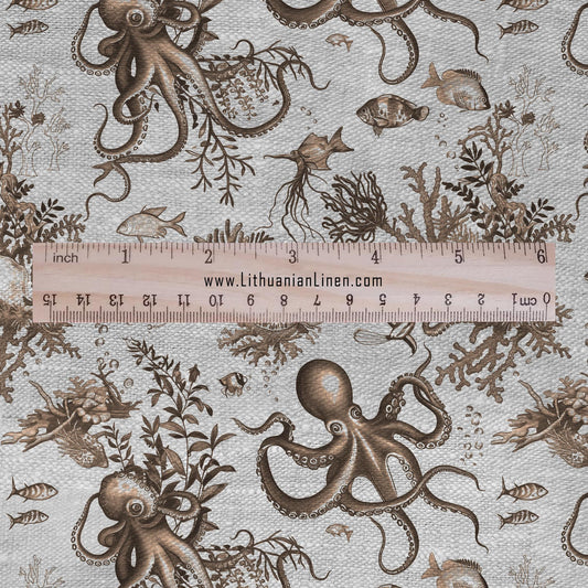 100% LINEN Fabric toile de jouy OCTOPUS Nautical print - sepia on oatmeal linen -  coastal print for upholstery home decor clothing 306S
