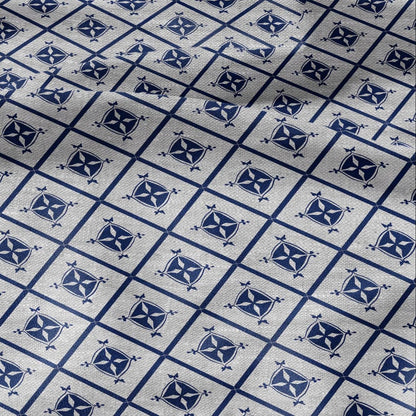 100% LINEN Fabric indigo blue Diamond stripes - geometric print on oatmeal linen for home decor sewign dress clothing 2970