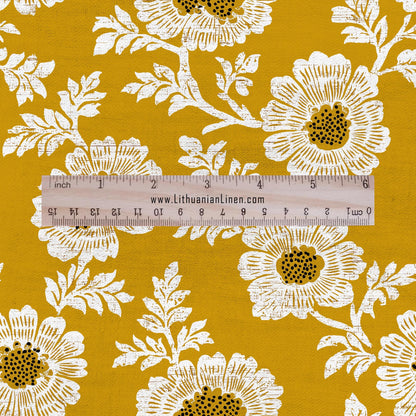 100% LINEN Fabric Shevanti flower - mustard yellow block print linen heavy for upholstery home decor - medium for dress making 2804