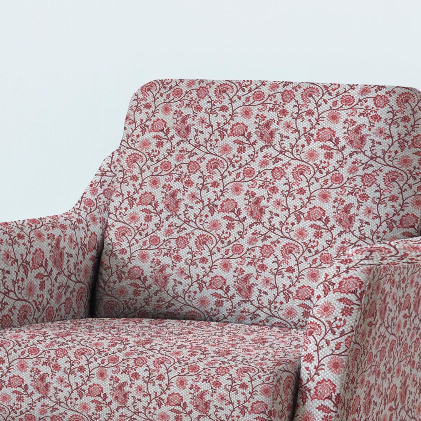 100% LINEN Fabric UPHOLSTERY 12oz - red paisley block print - oatmeal linen fabric with floral print  - Modern Vintage upholstery 314