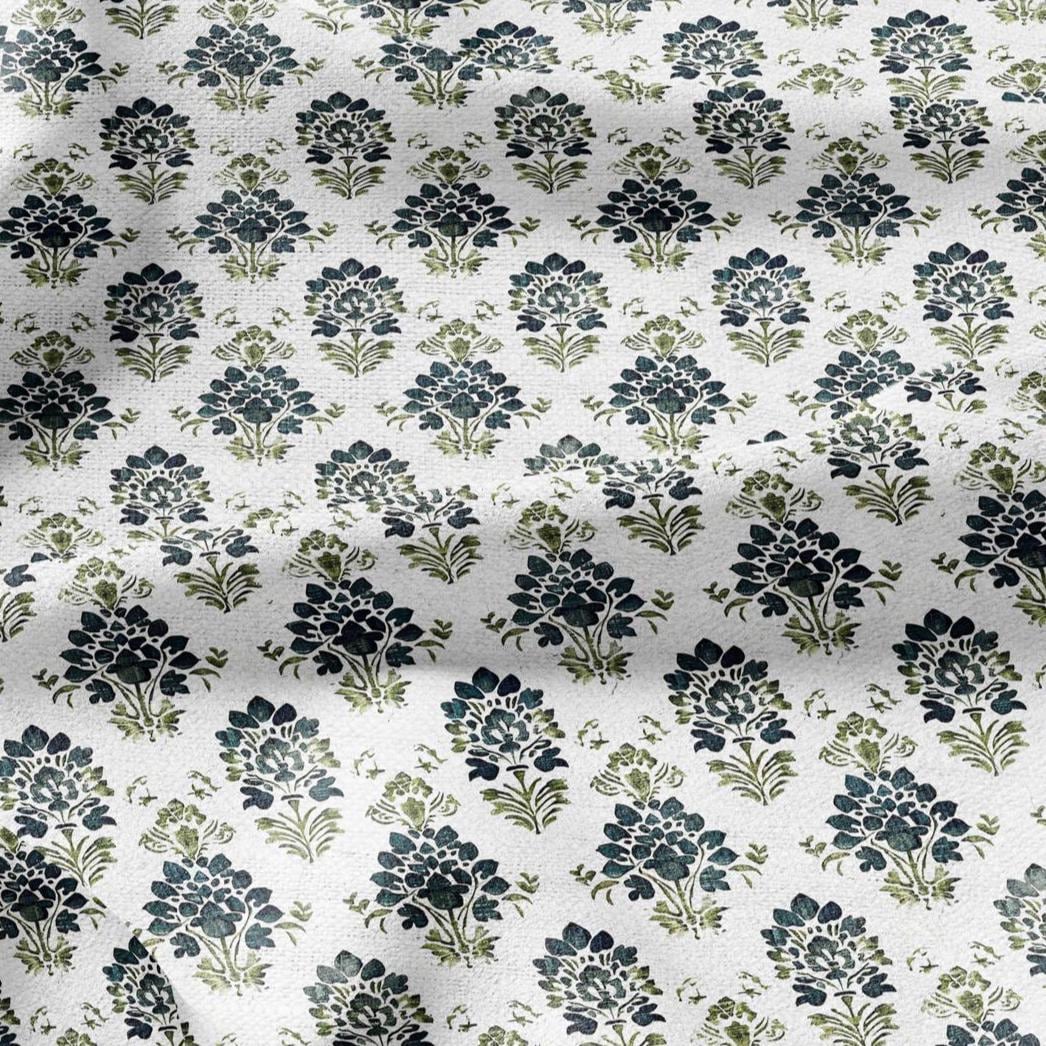 100% LINEN Fabric block print green petrol on white - floral print heavy linen fabric for upholstery home decor 2010
